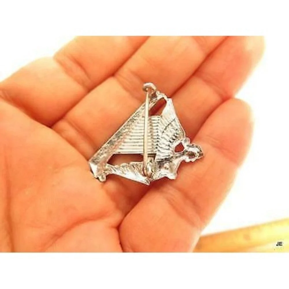Vintage Art Deco Silver Plated Jeweled Green Cabochon Harp Angel Pin Brooch‎